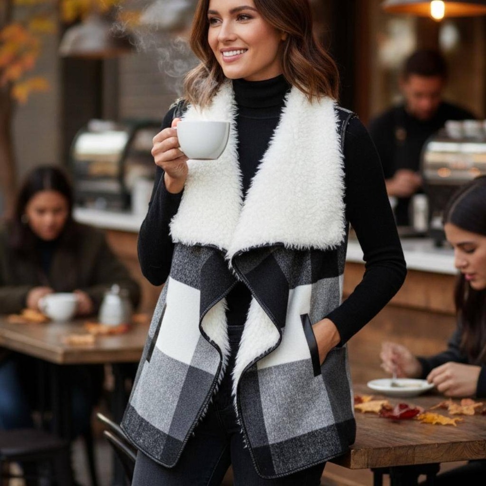 Me Jane Black and White Plaid Vest